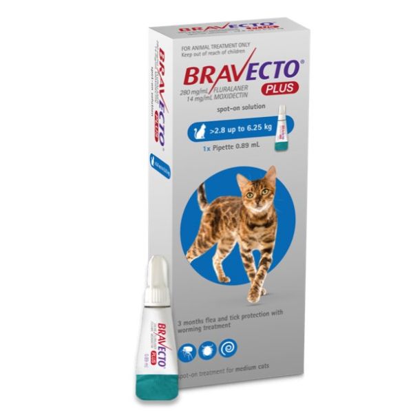  Bravecto PLUS Flea,Tick & Worm Spot-On for Cats Medium (2.8kg- 6.25kg)