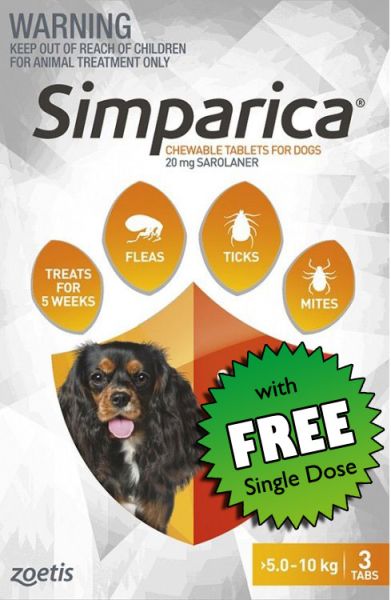Simparica Flea Small Dog 5.1-10 kg (Orange) 3-pack Plus FREE SINGLE
