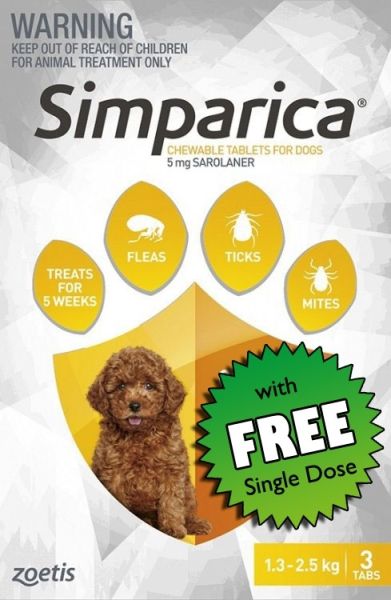 Simparica Flea Puppies 1.3-2.5kg (Yellow) 3-pack Plus FREE SINGLE