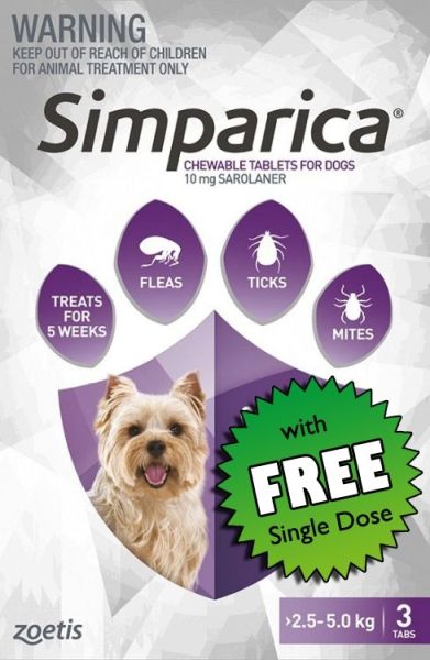 Simparica Flea Toy Dog 2.5-5 kg (Purple) 3-pack Plus FREE SINGLE